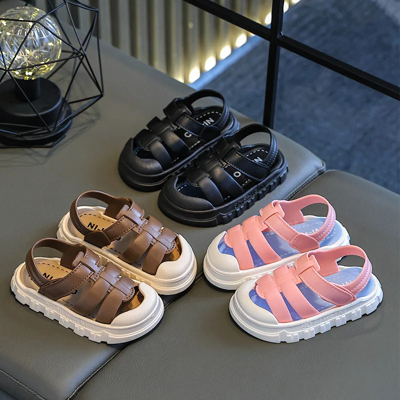 Vintage Roman Closed-Toe Kids Sandals, Boys & Girls Summer Anti-Collision Thick Soft Sole Minimalist Fashion Baby Slides