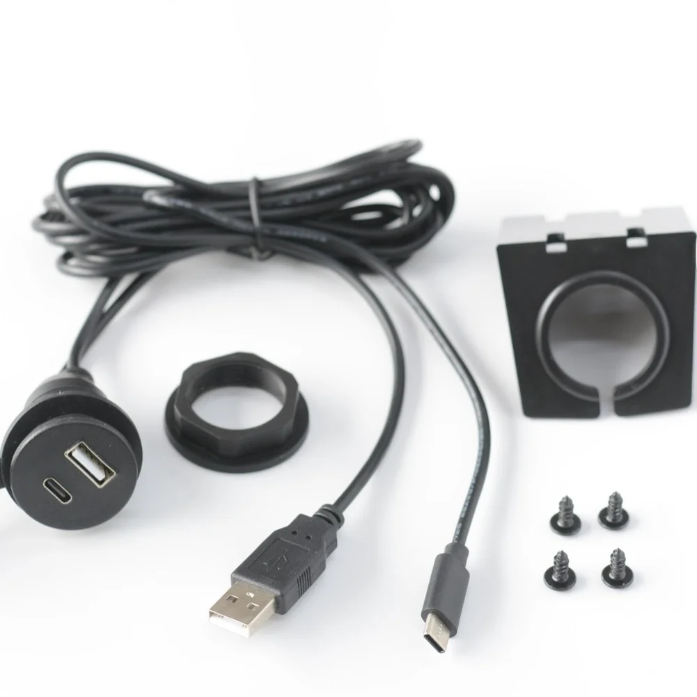 USB-A and Type-C Dual Female Car Socket Cable with USB Male Input for Charging and Data in Transportation Environments