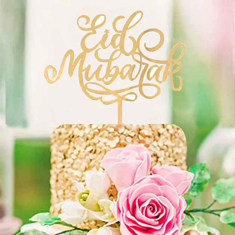 Eid Mubarak Cake Topper Gold Acrylic Cupcake Toppers Ramadan Kareem Cake Decorations Baking Tools Islamic Muslim Party Supplies