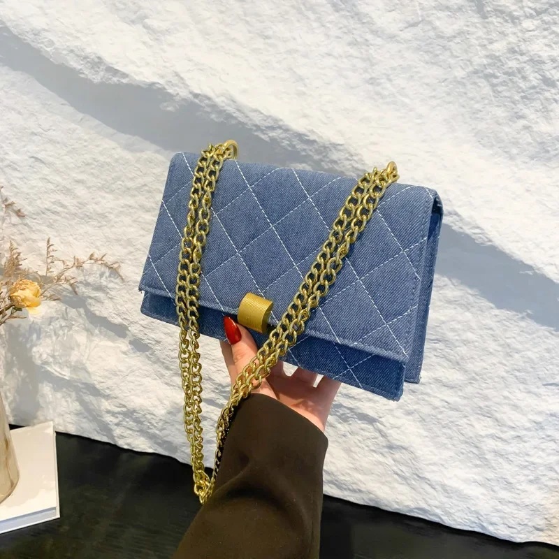 Bolso con cadena abatible a cuadros con anillas azules de mezclilla vintage Bolso de hombro versátil para viajeros diarios