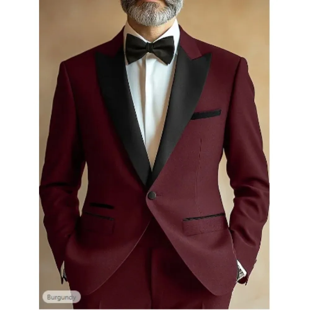 

Mens Burgundy Tuxedo Jacket Black Satin Lapel Single Button Blazer Formal Wedding Party Groom Suit Evening Event Attire