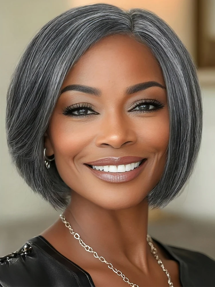 

Lekker Grey Short Straight Lace Part Bob 100% Human Hair Wigs For Women Brazilian Remy Hair Glueless Salt and Pepper Mom Wigs