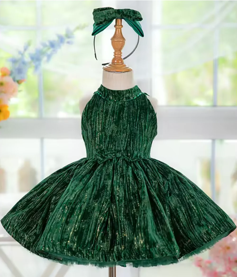 

2025 new dark green French style hanging neck velvet fluffy princess dress for girls' first year dress