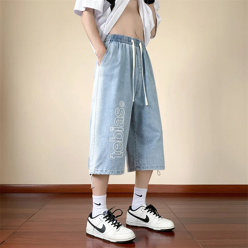 Summer Men's Drawstring Waist Cotton Wash Jeans Casual Loose Calf-Length Denim Pants Streetwear Wide Legs Straight Harlan Shorts