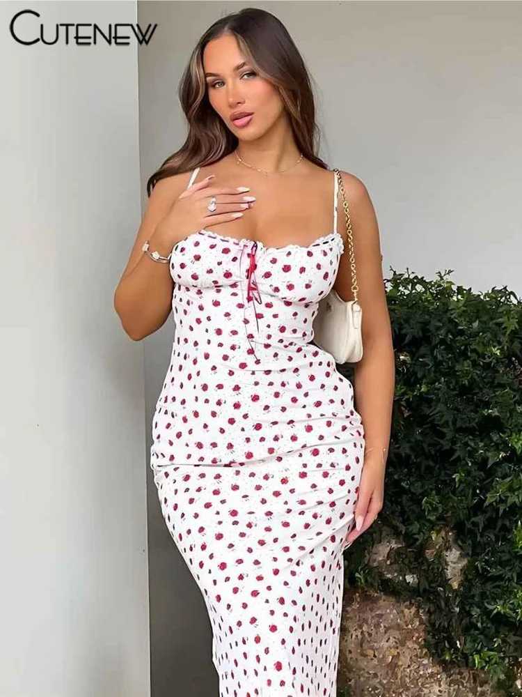 Cutenew Rose Print Trend Maxi Dresses Women Summer Hipster Suspendency Bandage Straight Bodycons Female Concise Street Vestidos