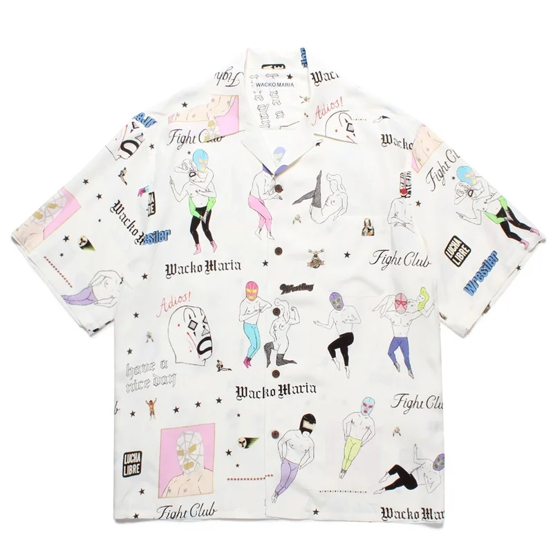 25SS New WACKO MARIA Highest Quality Character Mask Abstract Hawaii Short Sleeve Shirt Men's Women's Brand Shirt Tops