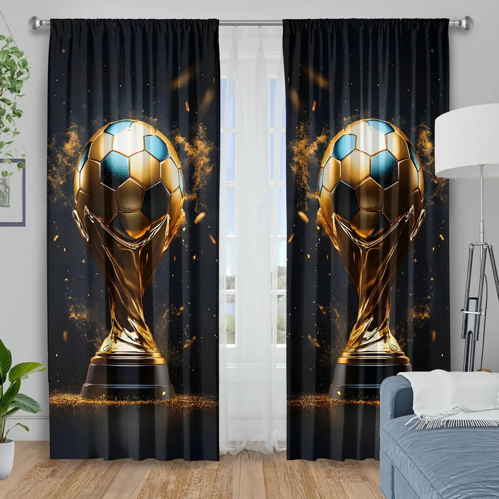 2pcs Golden Soccer Trophy Print Curtains Sports Champion Theme Polyester Window Drapes for Kids Room Boys Bedroom Energetic