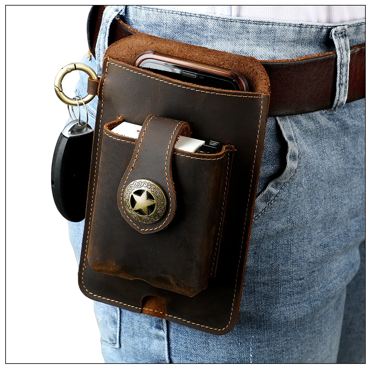 Men's Phone Waist Bag Genuine Leather Outdoor Sports Waist Bag Work Phone Bag Crazy Horse Leather Men's Waist Bag Men's Bag