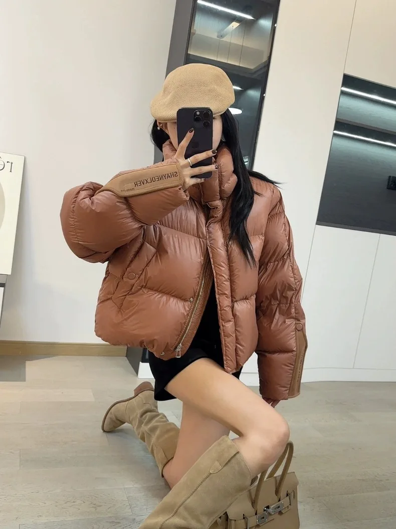 

Winter 90 White Duck Down Jacket Women Stand Collar Warm Solid Parker Coat Female Zipper Short Loose Thickening Jacket Outwears