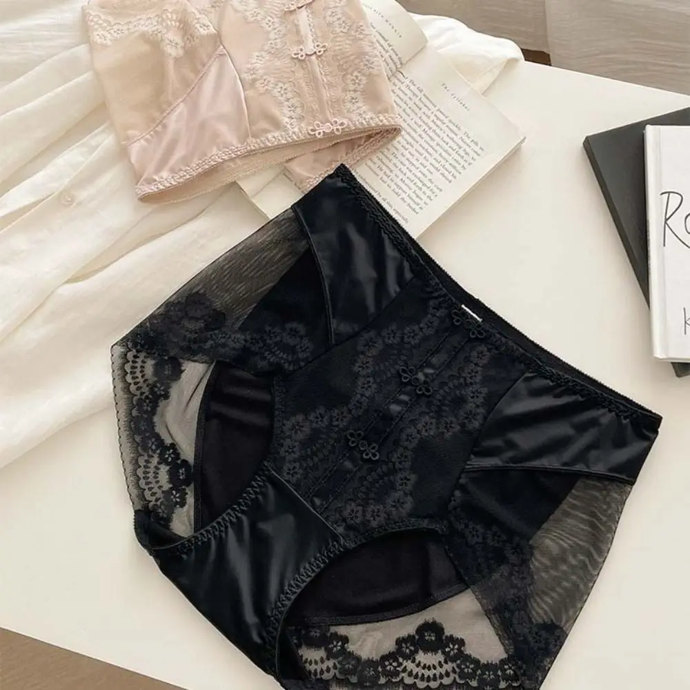 

Comfortable Chinese Style Lace Panties Frog Buckle Sweet Satin Silk Briefs Women Mesh Mid Waist Lace Flower Underwear Daily