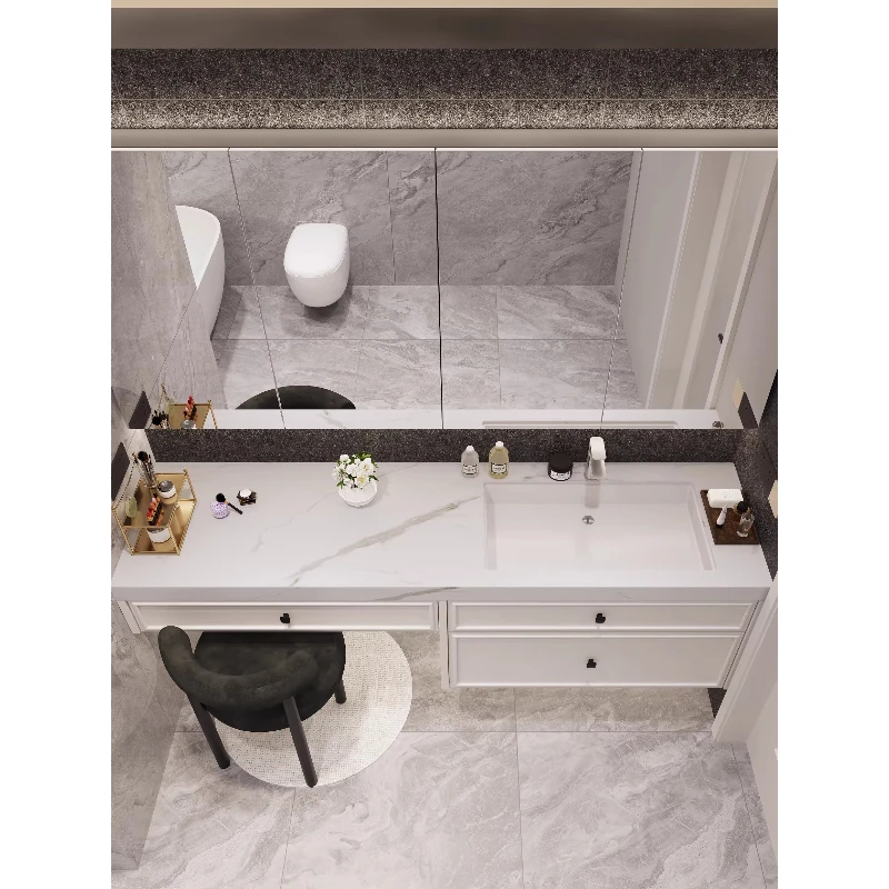 

Cream style modern bathroom cabinet dressing table integrated minimalist oak rock slab washbasin cabinet combination