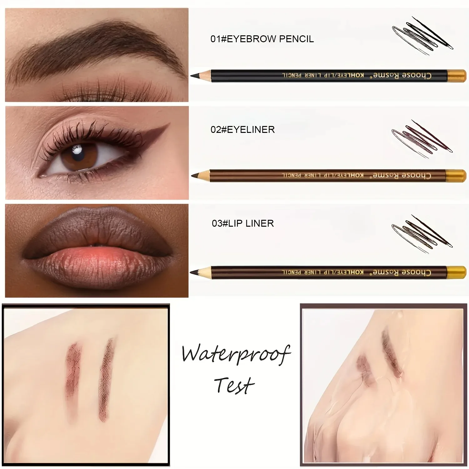 3pcs Eyebrow Pencil Eyeliner lip pencil Natural Makeup Long-lasting Black Dark Light coffee with Pencil Sharpener Beginner New