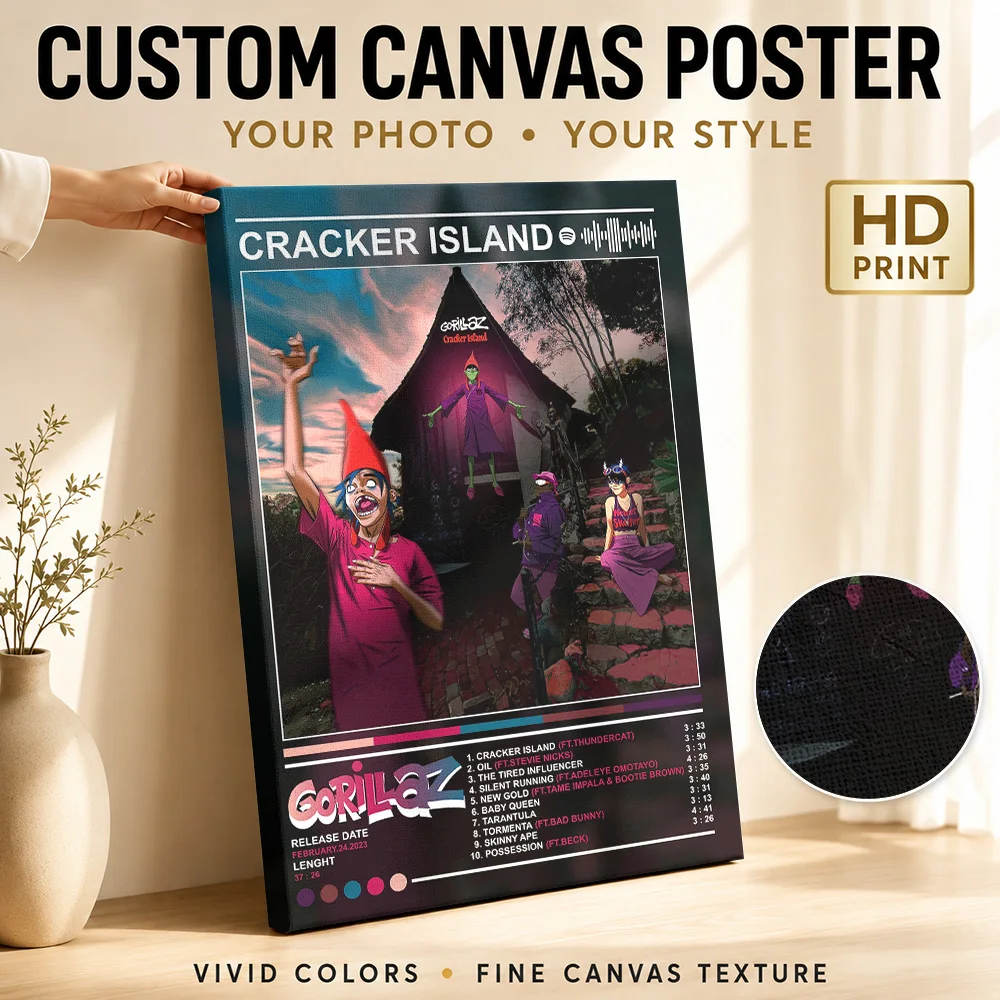 Gorillaz - Cracker Island Album Cover Framed Canvas Poster Personalized Retro Music Wall Art for Bar Decor Gift for Collectors
