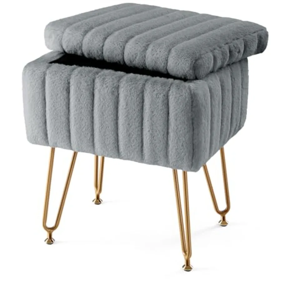

Vanity Stool Chair with Storage, 18.9"H x 16"L x 12.2"W Ottoman Chair Faux Fur Soft Padded Makeup Footstools Seat with 4 Metal