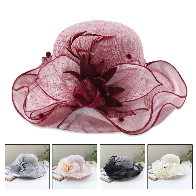 

Lady Elegant Wide Brim Top Hat Summer Beach Silk Flower Sun Hats Fisherman Hat Women Wedding Tea Party Church Cap Fedoras