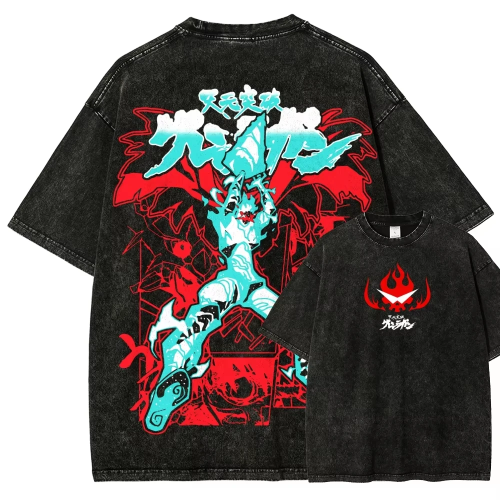 2026 summer Tengen Toppa Gurren Lagann Spiral Power T-shirt, Vintage Washed, Harajuku Oversized Unisex Classic Summer New Cotton