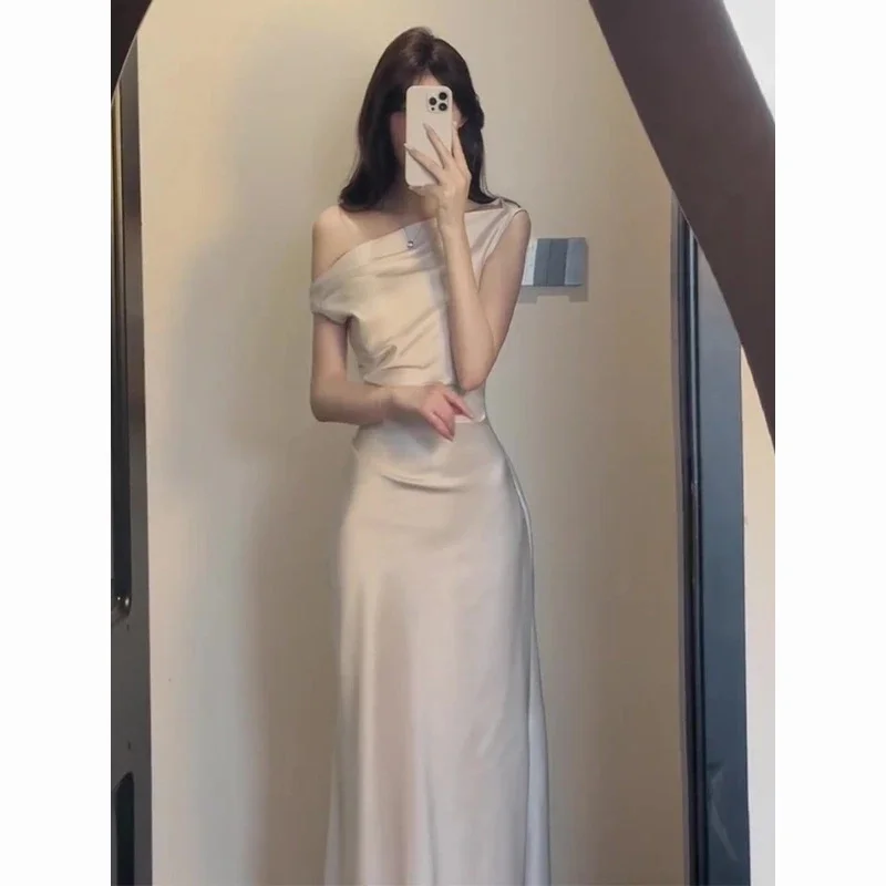 French Temperament High-end Feeling Swinging Collar Sloping Shoulder Dress Waist Bag Buttocks Vinegar Satin Summer Long Skirt