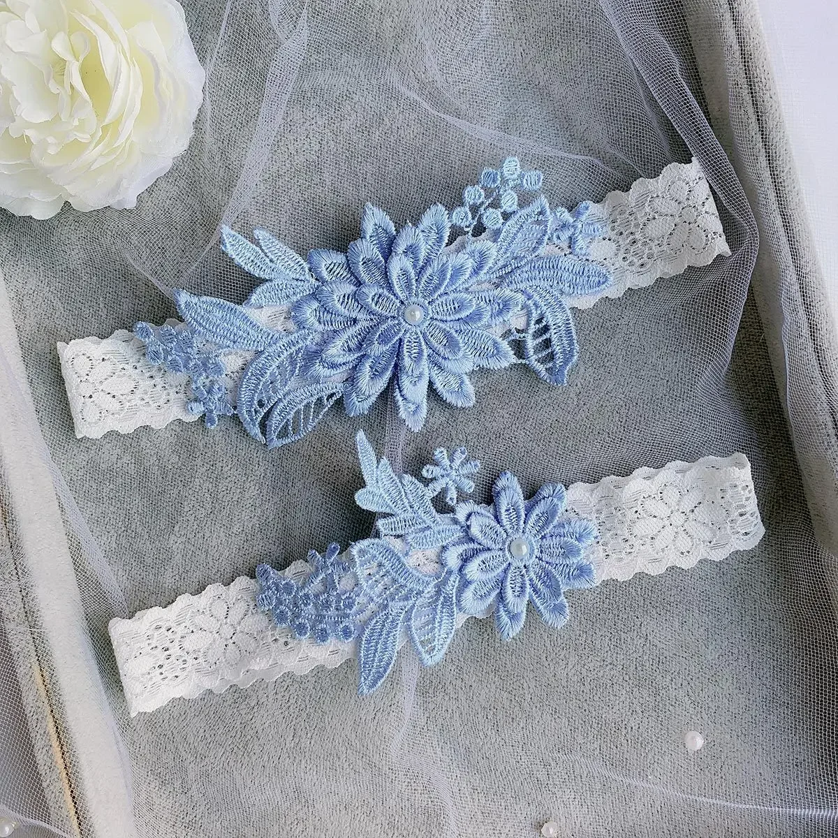 Sky Blue Lace Flower Pearls Wedding Garter Belt Bridal Thigh Leg  Ring For Women/Female/Bride