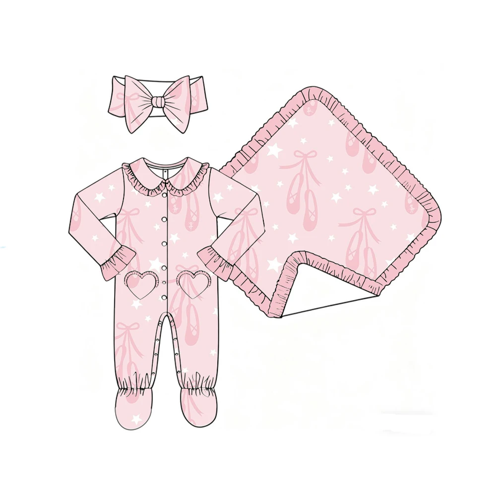 Boutique Girls' Blanket and Romper Lapel Ruffle Buttons Love Pocket Binding Feet Bow Dress Shoes Print Custom Patterns