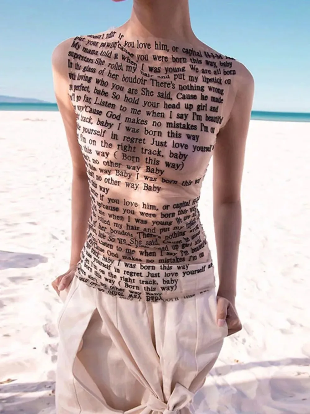 

Fashion Trendy Round Collar Sleeveless Tank Mesh Sexy Article Print Slim Casual Top Women Hipster Wear