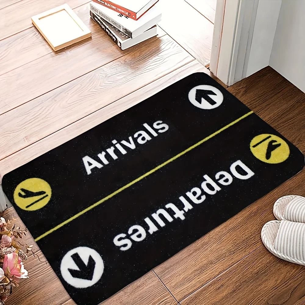 Airport Arrivals Departures Sign Door Mat, Funny Travel Theme Floor Rug, Black Welcome Entrance Carpet, Non-slip Home Decor