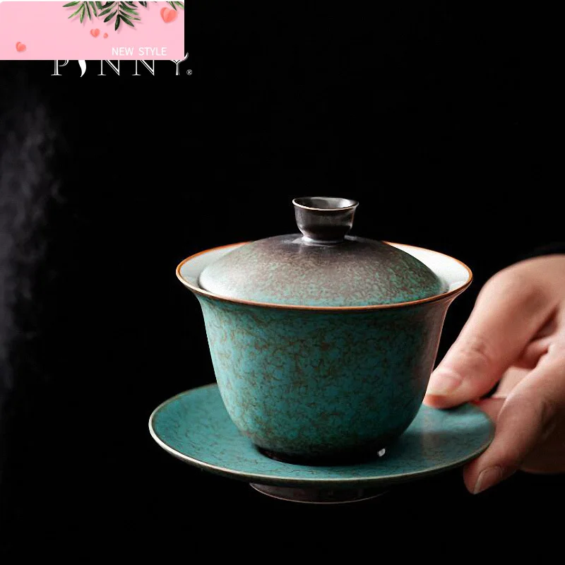 

PINNY 160ML Ceramic Turquoise Glaze Gaiwan Coarse Pottery Tea Tureen Retro Pigmented Tea Bowl Kung Fu Drinkware