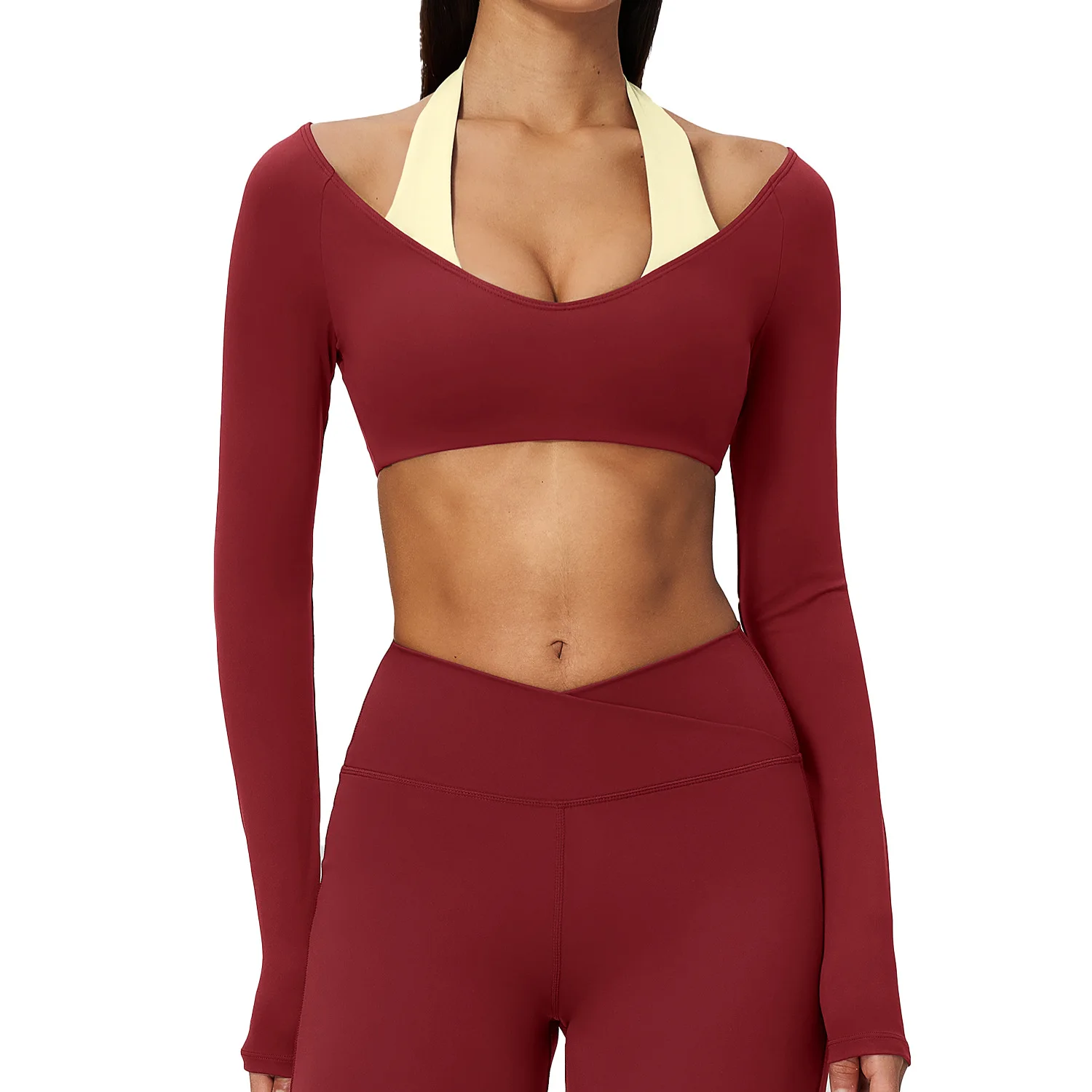 Women Yoga Long Sleeve Color Block Halter Off Shoulder Design Padded Bra Deep High Elastic Nude Feel Gym Pilates Active Top