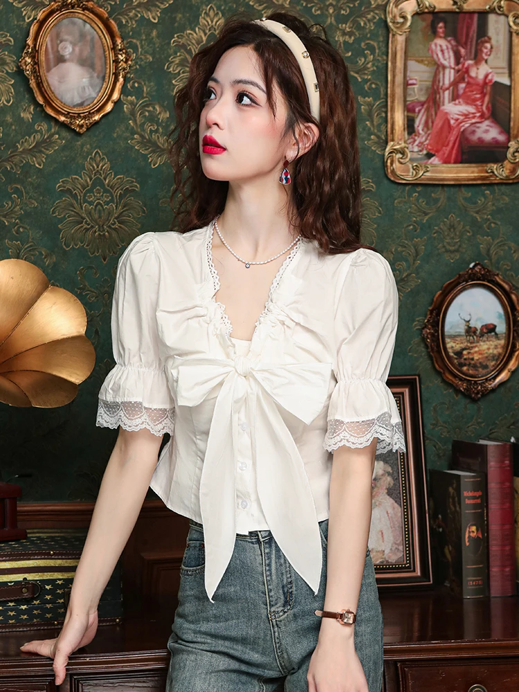 Fashion Elegant Shirts V Neck Puff Sleeve Crop Tops Solid Color Bow Lace Patchwork Blouses Summer Female Slim Women\'s Clothing