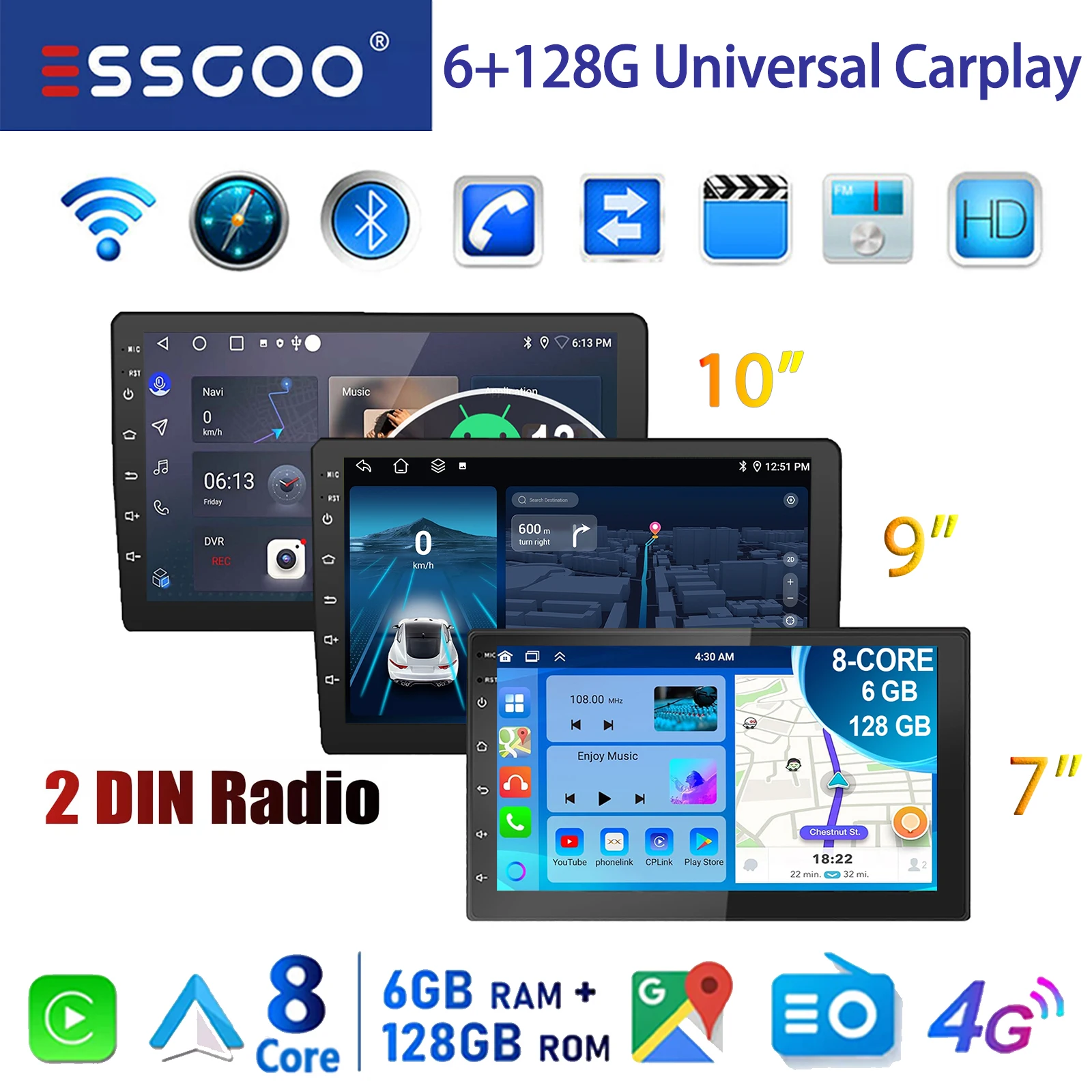 ESSGOO 7/9/10" 2DIN Android 14 6+128G Universal Car Stereo Wireless Carplay Android Auto 4G WiFi Bluetooth FM AM GPS NAV RDS SWC