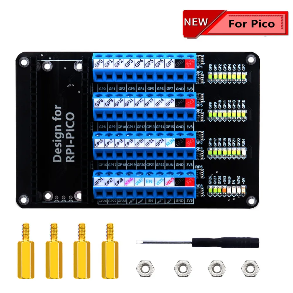 

Raspberry Pi Pico/Pico W Terminal Expansion Board with LED 40pin 5V Copper Pillar Nut Screw Driver for Programming Connection