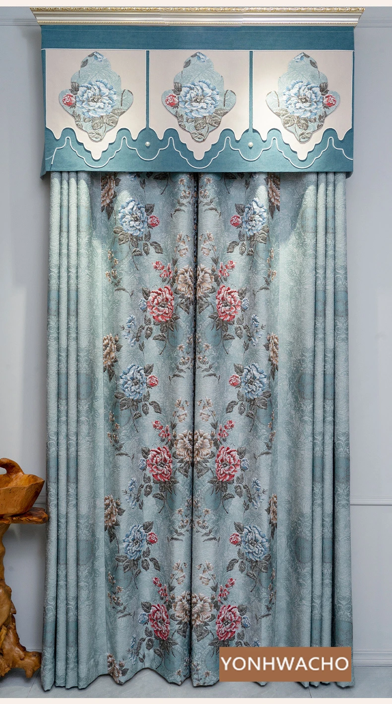 

Custom high-precision jacquard 3D relief high-end living room bedroom blue cloth blackout curtain tulle valance drape C1615