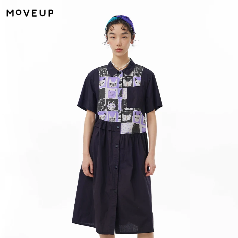 

MOVEUP Casual Short Sleeves Shirt Dress 2026 Summer New Cotton False Two-Piece Asymmetric Fun Cat Printed A-Line Dress 325221368
