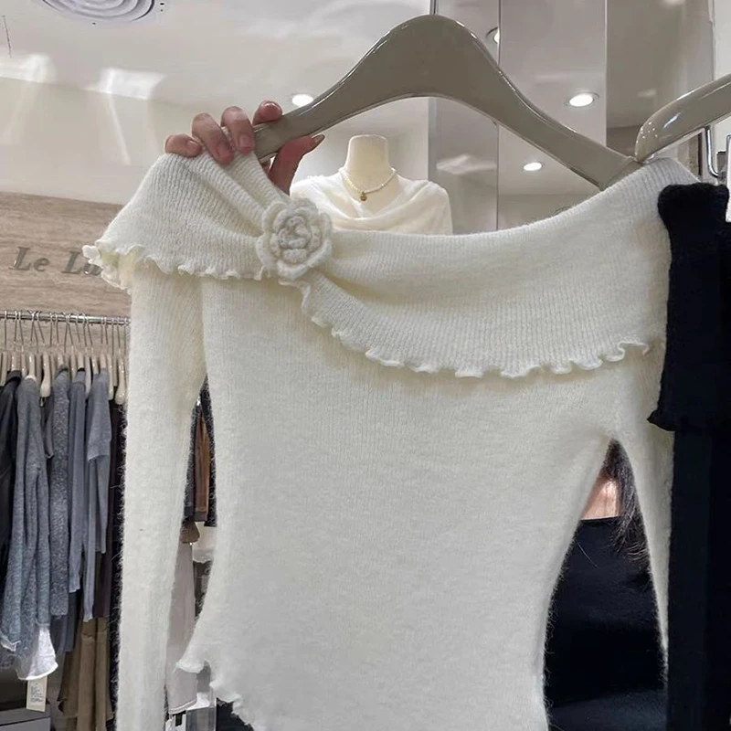 Knitwear spring new pure desire style one-line shoulder collar three-dimensional flower elegant off-the-shoulder top tshirt