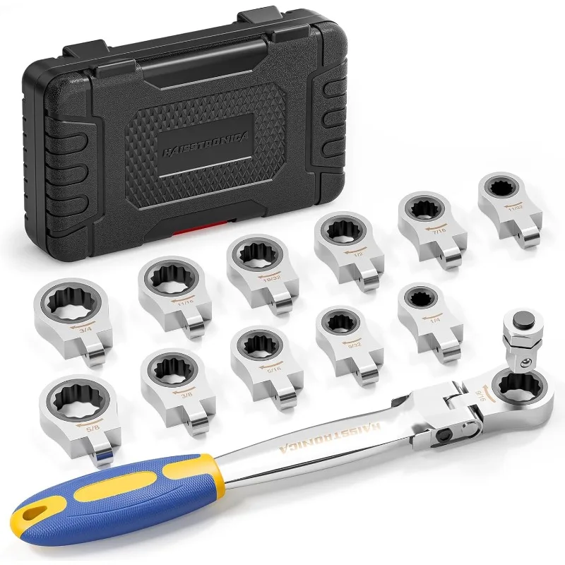 

13pcs Flex-Head Ratcheting Combination Wrench Set with 3/8 in Adapter, SAE 1/4-3/4 inch Ratchet Wrench Tool for Aut