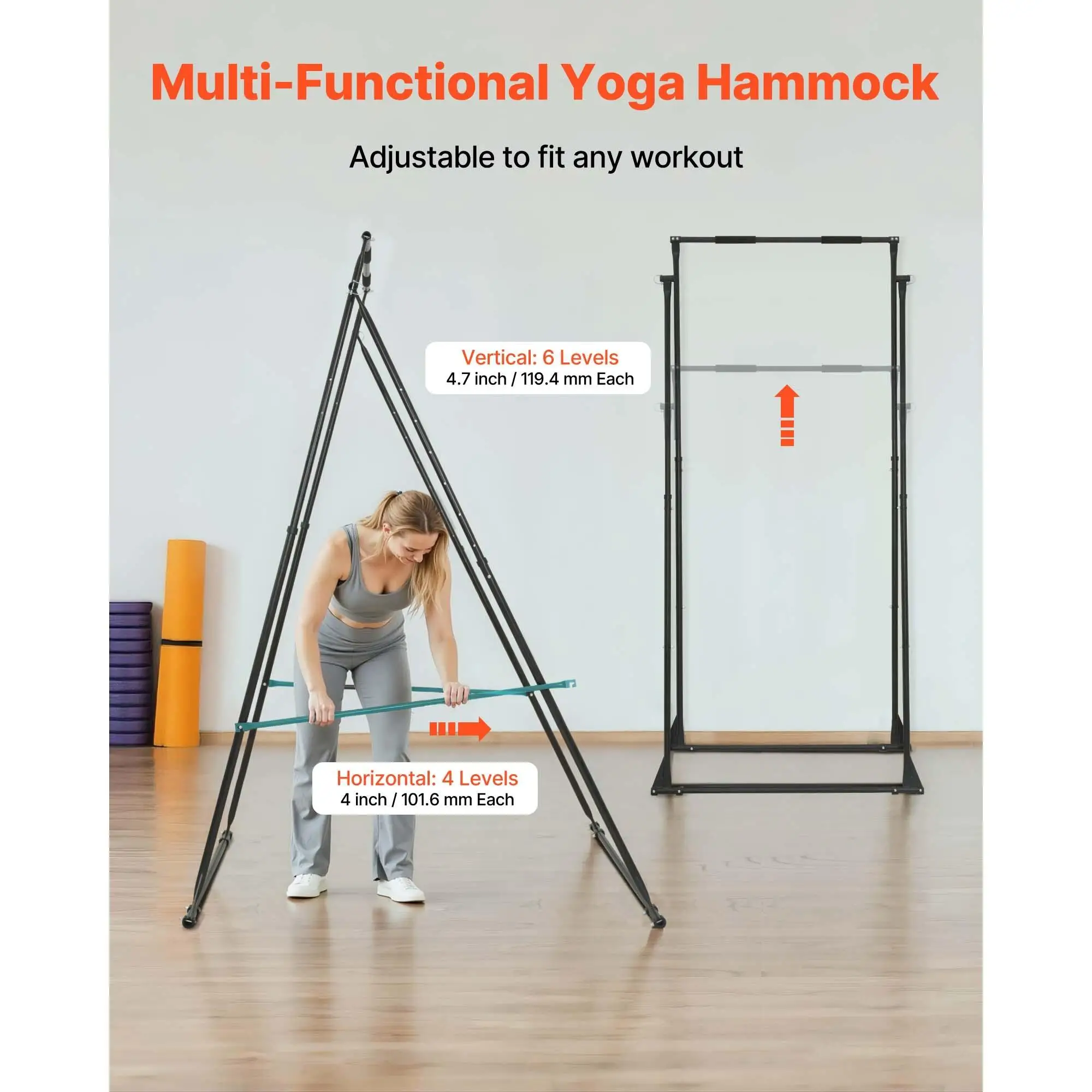 Yoga Stand Frame 440.9 lbs Capacity Aerial Silk Swing Stand with Triangular Structure EVA Foam and 6.6 Yard Hammock 4 Level Horizontal and 6 Level Vertical Adjustment Pull Up Stand