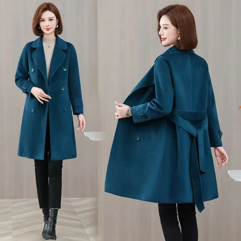

Новинка 2025 года, длинное двустороннее шерстяное пальто с лацканами, однотонный пояс, зимние пальто, женская элегантная стильная уличная одежда, элитная одежда