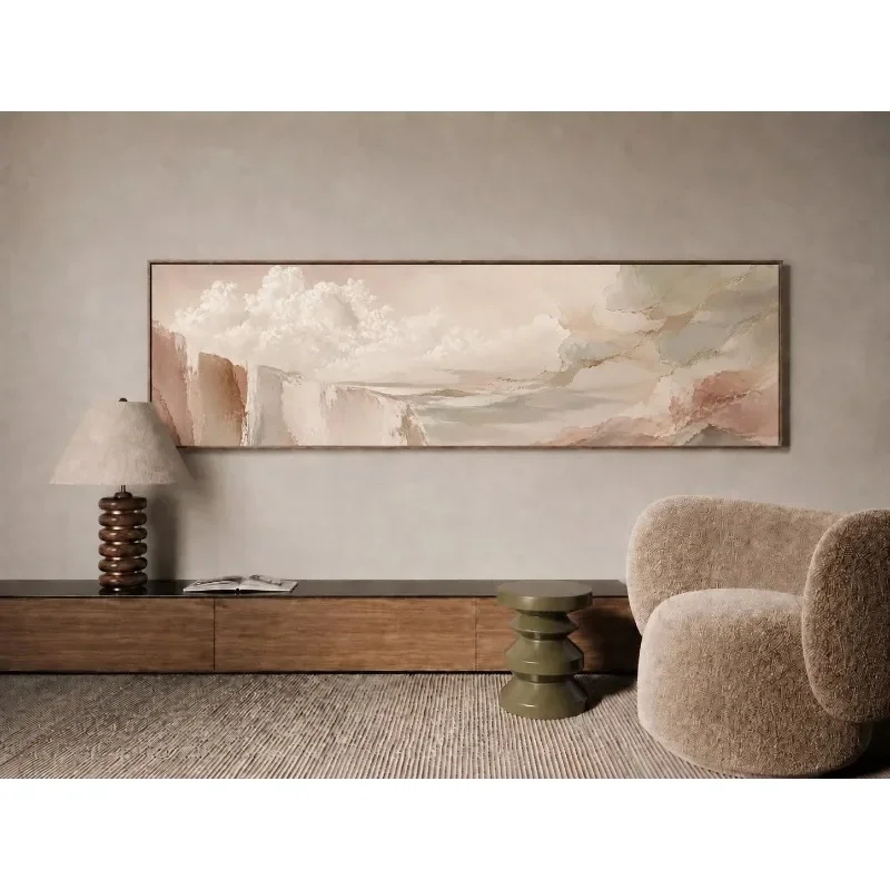 Horizontal Abstract Landscape Canvas Wall Art, Muted Blush Pink Beige Textured Print, Wabi‑Sabi Bedroom Headboard Home Decor