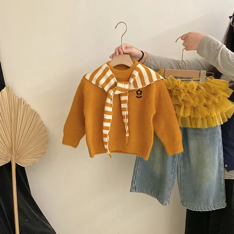 

Winter Children Girls Clothes Flower Jacquard Kids Girls Sweater+striped Cape Baby Gauze Fart Curtain Fleece Straight Denim Pant