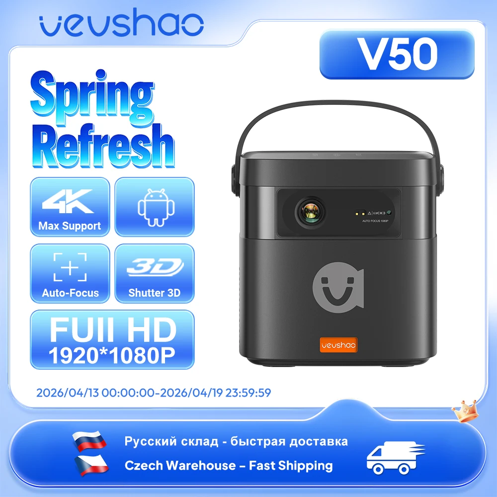 VEVSHAO V50 Portable Projector 4K 3D WiFi Full HD1080P Built-in 2 x 10W Speakers Home Theater Projectors With15000mAh Battery