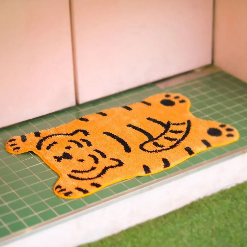 Honlaker Cartoon Tiger Shape Bath Mat Door Mat Flocking Floor Mat TPR Non-slip Bottom Soft and Breathable Absorbent Mat