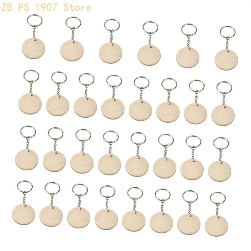 Unfinished Wooden Keychain Blanks with Metal Split Rings and Short Chains, Plain Slices for Personalized Craft Projects 55KA