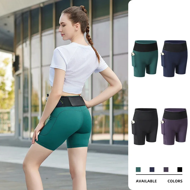 (S-XL)Women Running Shorts with Phone Pocket High Waist Butt Lift Tennis Badminton Yoga Fitness Compression Gym Tights Shorts