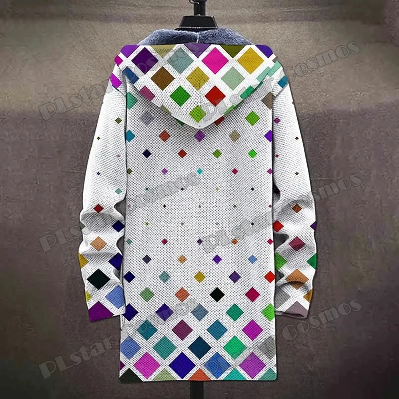 Men's Winter Fashion Long Hooded Coat Colorful Square Pattern 3D Printed Unisex Plush Thick Long-sleeved Fleece Jacket Coat AZ03