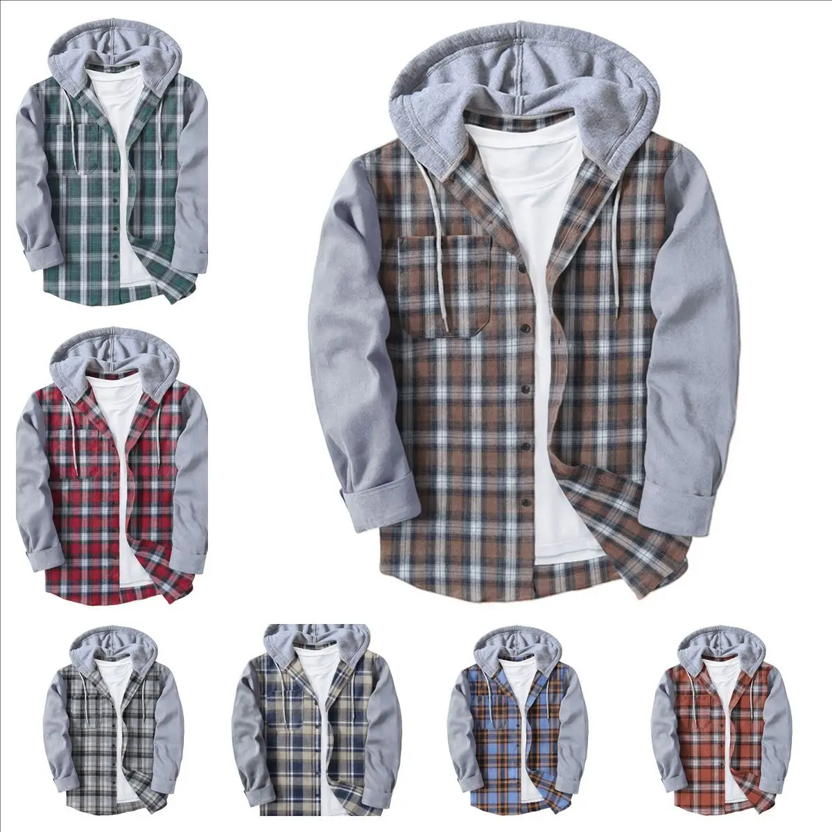 

Color-Knitted Men's irt 2024 Contrast Color Long Sve Open Cardigan European Size Hooded Multi-Color Multi-Size Qui S