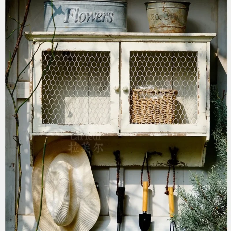 

Antique Wood and Metal Wire Cabinet Two-Door Rustic Storage Unit for Home Decoration Rustic Wood and Wire Sundries Cabinet