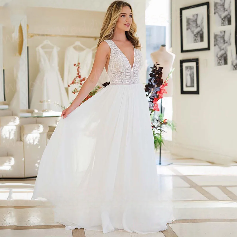 

Simple Modern A Line Women's Wedding Dresses Charming Deep V Neck Lace Bride Gowns Sexy Sleeveless Backless Vestidos De Novia