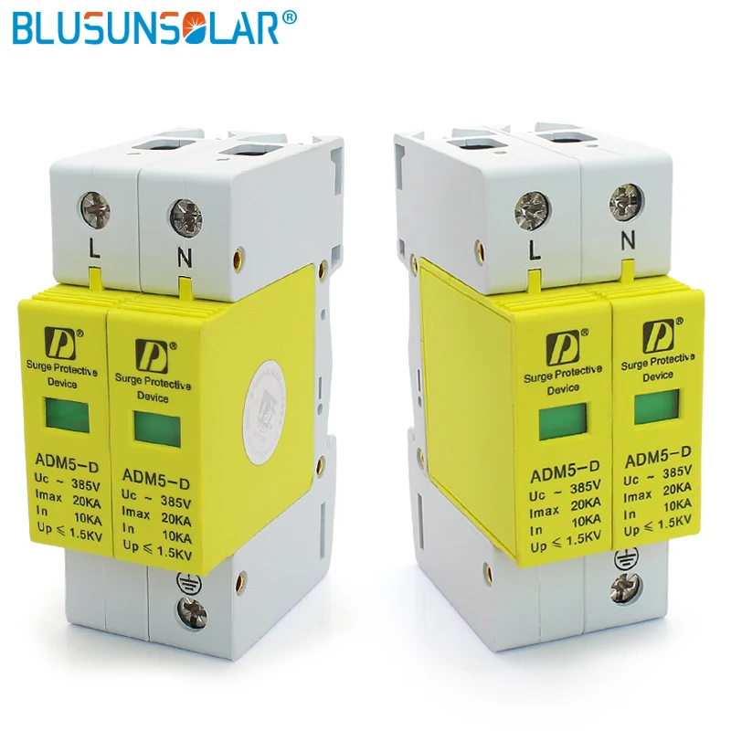 50pcs/lot SPD AC 385V 10/20/40/60/80KA Max Current 2P Standard 35mm DIN Rail Surge Protection Device Arrester for Solar System