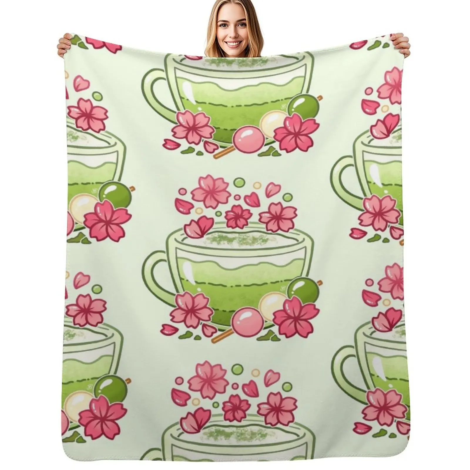 Sakura Matcha Tea Throw Blanket Soft Breathable Blanket for Night Sleeping