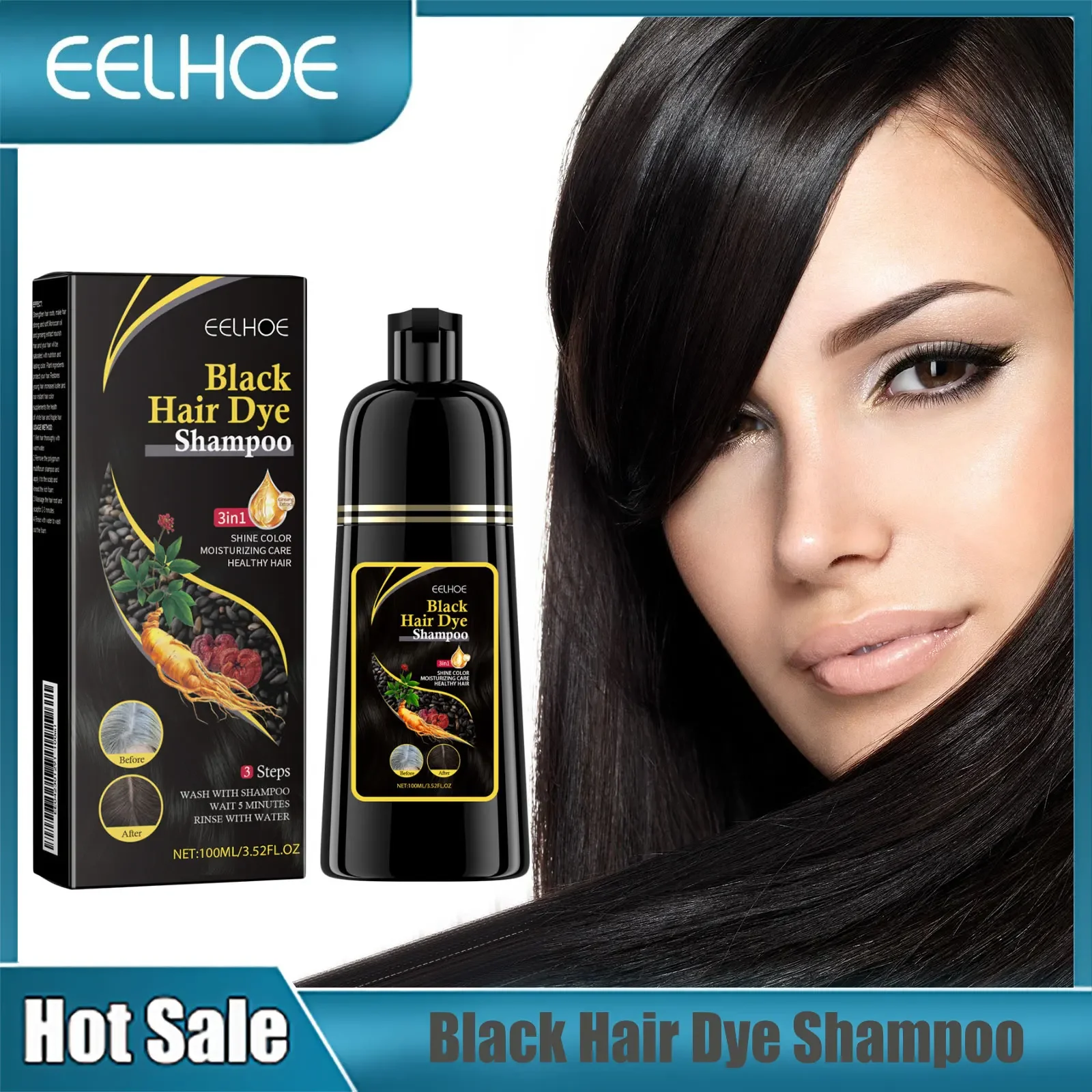 EELHOE Black Hair Dye Shampoo 3 in 1 Growth Clean Hair Darkening Deep Nourishing Black Hair Dye Shampoo Natural Organic Herbal