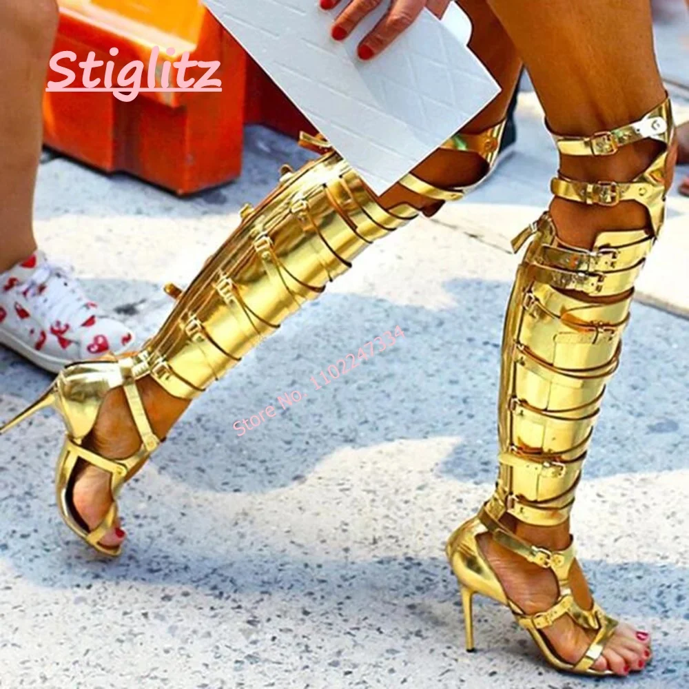 

Gold Roma Gladiator Boots Women's Solid Luxury Sexy footwear Round Toe Stiletto Over The Knee Buckle Party Fashion Shoes